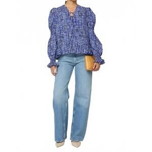 NEW ATELIER DELPHINE matilda hand-pleated peplum blouse in blue check